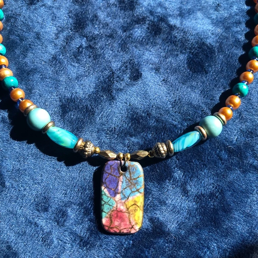 Handcrafted repurpose vintage 80s stained glass porcelain pendant bead necklace